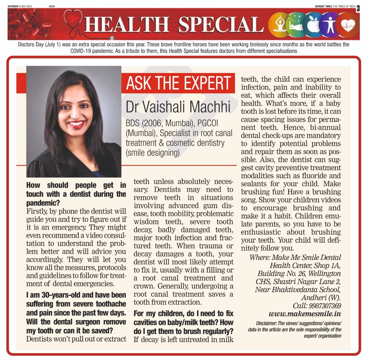 Bombay Times Health Special 'Ask The Expert' feature with Dr. Vaishali Machhi